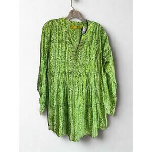 Rock Flower Paper Green Print Tunic Top - Pleated Long Sleeve - Size Large